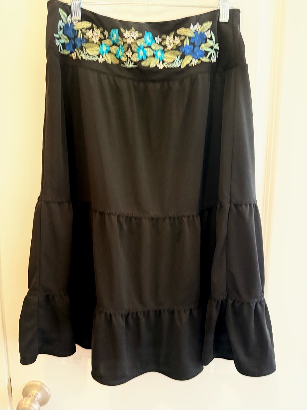 New York & Company Black Tiered Skirt with Blue and Gold Embroidered Waistband